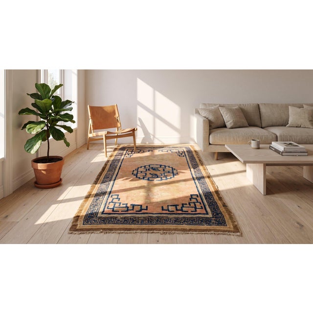 1750s Orange Peach Medallion Hand Knotted Wool Antique Chinese Ningxia Rug 2' 7" X 4' 9" Carpet For Sale - Image 9 of 9