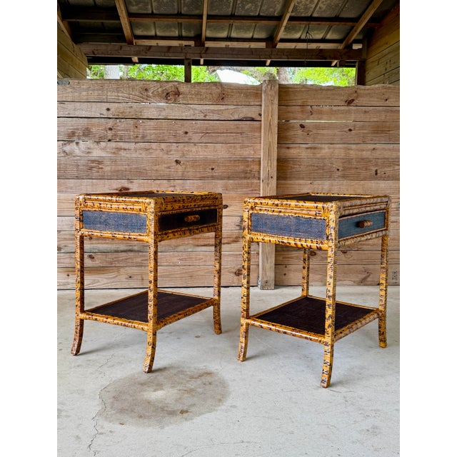 English Pair Vintage British Colonial Tortoise Finish Rattan & Grasscloth Nightstands For Sale - Image 3 of 12