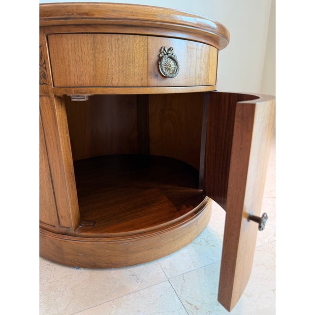 Vintage Neoclassical Round Wood Drum Side Table With Drawer & Cabinet For Sale In Miami - Image 6 of 6