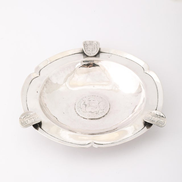 Art Deco Heavy Hand-Hammered .900 Sterling Silver Ashtray With Sculptural Coins For Sale In New York - Image 6 of 12