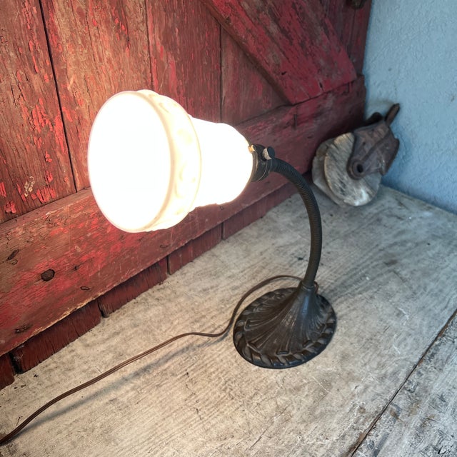 1930s Aladdin Gooseneck Desk Lamp With Embossed Milk Glass Shade For Sale - Image 14 of 17
