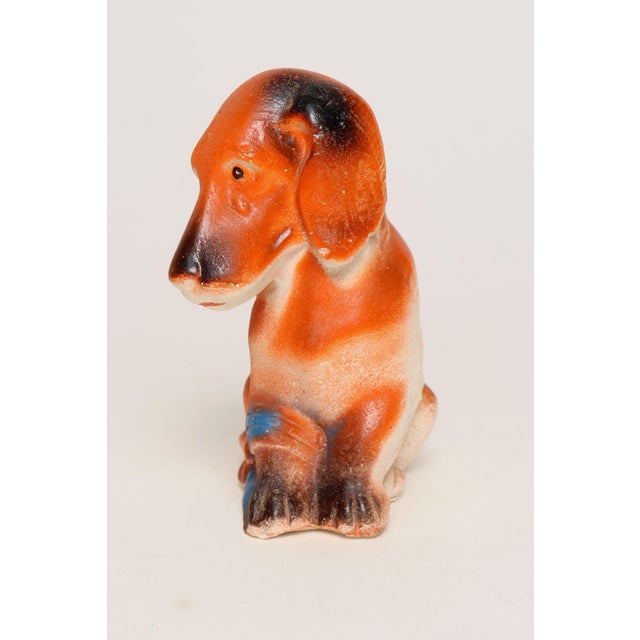 Mid-Century Modern Vintage American Carved and Painted Chalkware Orange Puppy With Blue Bow Figurine For Sale - Image 3 of 10