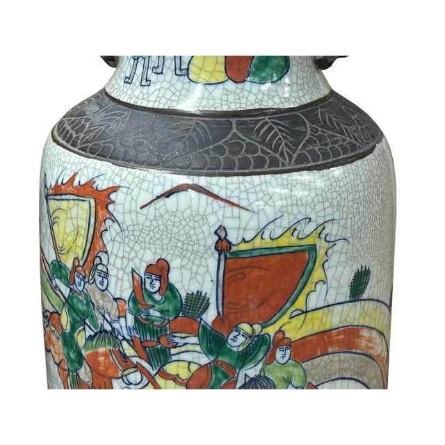 Orient Crackle Gray Warrior Graphic Artistic Pottery Ceramic Vase For Sale - Image 12 of 14