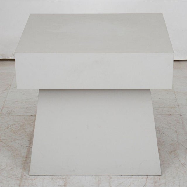 Modern Geomertic White Wood Side Table, with removable top. 22" H x 24" W x 21" D. Provenance: From a Riverside Drive...