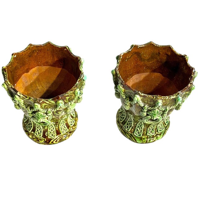 French Provincial Matched Pair Antique French Majolica Art Nouveau Terracotta Jardinieres With Rope and Tassel Design For Sale - Image 3 of 17