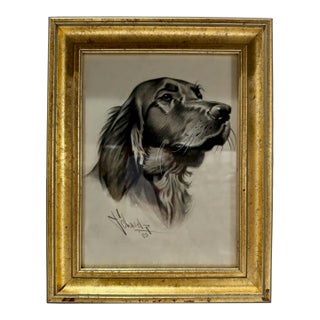 t.e.. Schrock Signed 1950 Setter Dog Portrait Drawing Framed For Sale