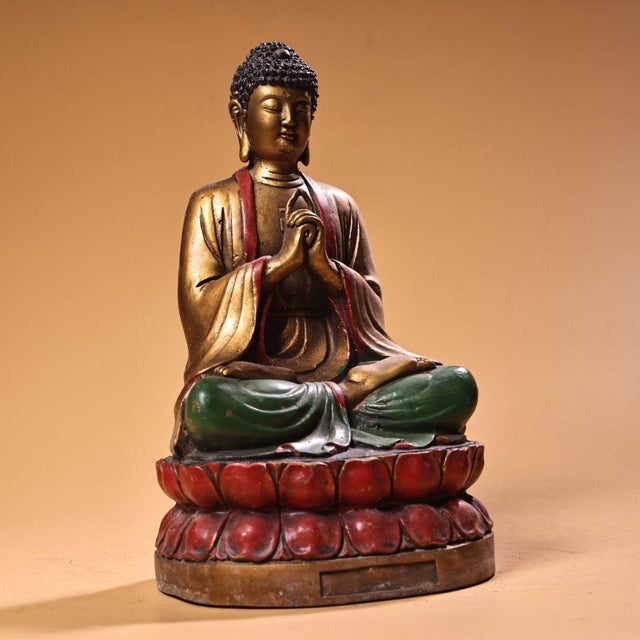 Copper Vintage Painted Copper Buddha Statue on Double Lotus Base For Sale - Image 8 of 10