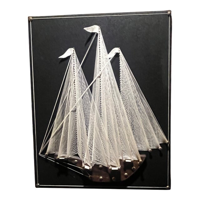 Vintage 1970s Mid-Century Modern Clipper Ship String Art Plaque on Black Velvet For Sale