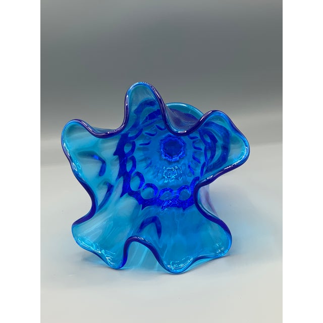 Fenton Art Glass Company 1950s Fenton Colonial Blue Thumbprint Thousand Eye Footed Handkerchief Vase For Sale - Image 4 of 8