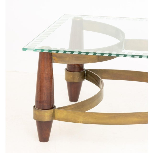 Modern Hollywood Regency Style Brass & Wood Coffee Table For Sale - Image 3 of 7
