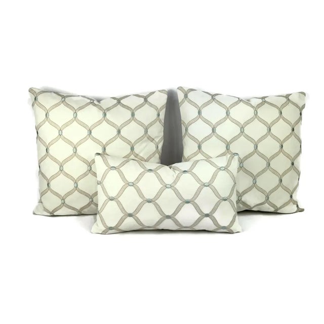 2020s Stout Ferry in Opal Lumbar Pillow Cover - Cream With Tan and Blue Embroidered Trellis Cushion Case For Sale - Image 5 of 5