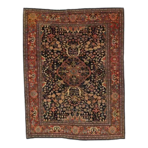Antique Farahan Sarouk Carpet, Handmade Oriental Rug, Navy, Ivory, Green, Red
