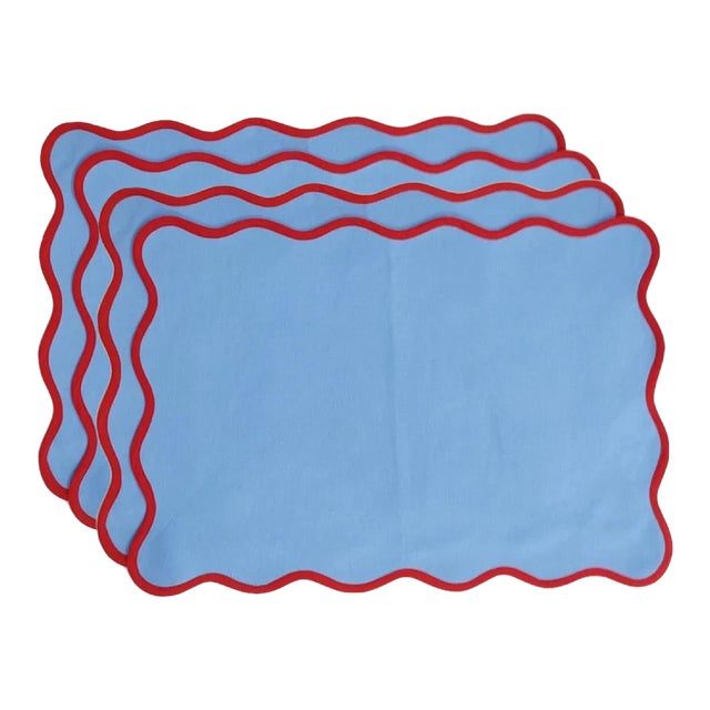 Handmade Scalloped Placemats, Light Blue with Red Piping - Set of 4 For Sale
