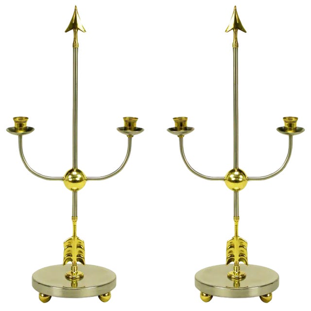 Italian Empire Style Brushed Steel & Brass Candelabra - a Pair For Sale
