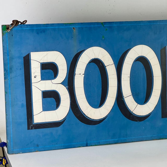 Superb Large Double Sided Vintage Wooden Sign Advertising "Books" in Sapphire Blue For Sale - Image 4 of 10