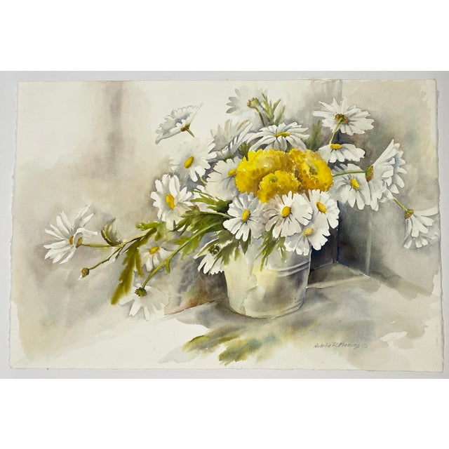 1980s Natalie Fleming Daisy Floral Still Life Watercolor For Sale - Image 6 of 6