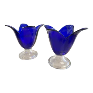 Vintage Footed Glass Cobalt Blue Cachepot - Set of 2