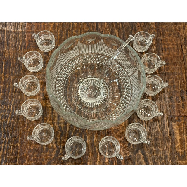 Vintage Tiffin-Franciscan Bullseye Pressed Glass Punch Bowl Set With 12 Cups & Original Ladle For Sale - Image 4 of 15