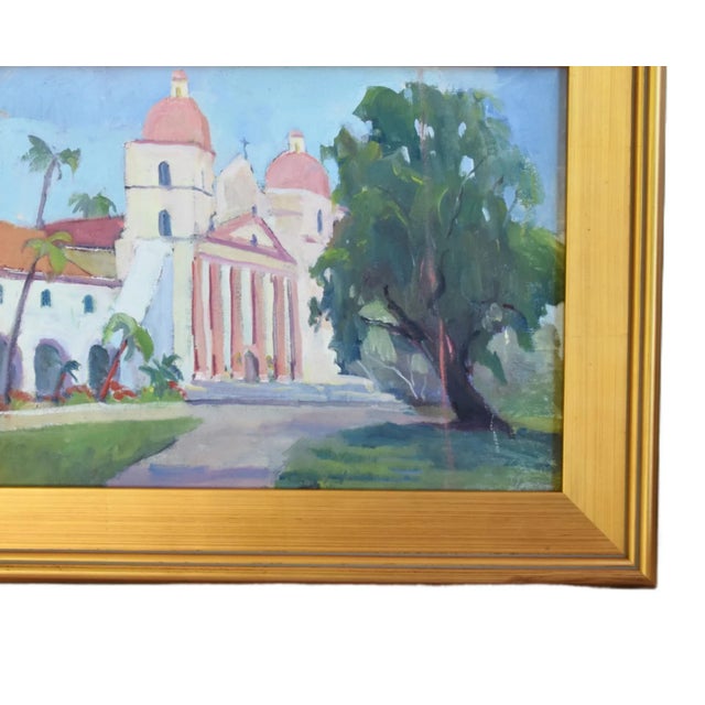 Santa Barbara Mission church landscape oil painting on artist canvas board by listed artist Silvio Silvestri (1948-2018.)...