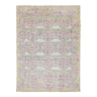 Modern Art Nouveau Inspired Floral Wool Area Rug in Pastel Sage and Rose Pink For Sale