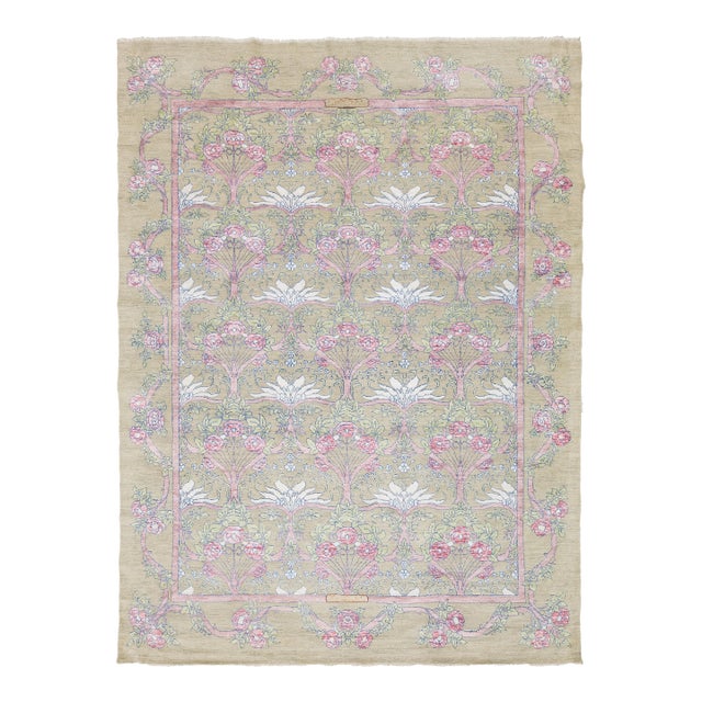 Modern Art Nouveau Inspired Floral Wool Area Rug in Pastel Sage and Rose Pink For Sale