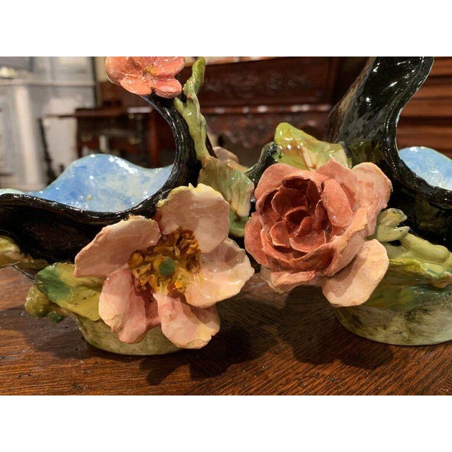 Ceramic 19th Century French Painted Ceramic Barbotine Basket From Montigny-Sur-Loing For Sale - Image 7 of 11