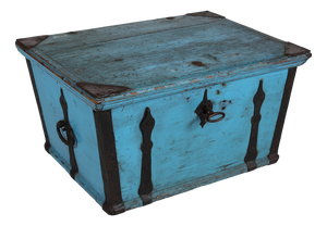 Antique Swedish Campaign Chest with Patinated Blue Paint and Iron, 1850s