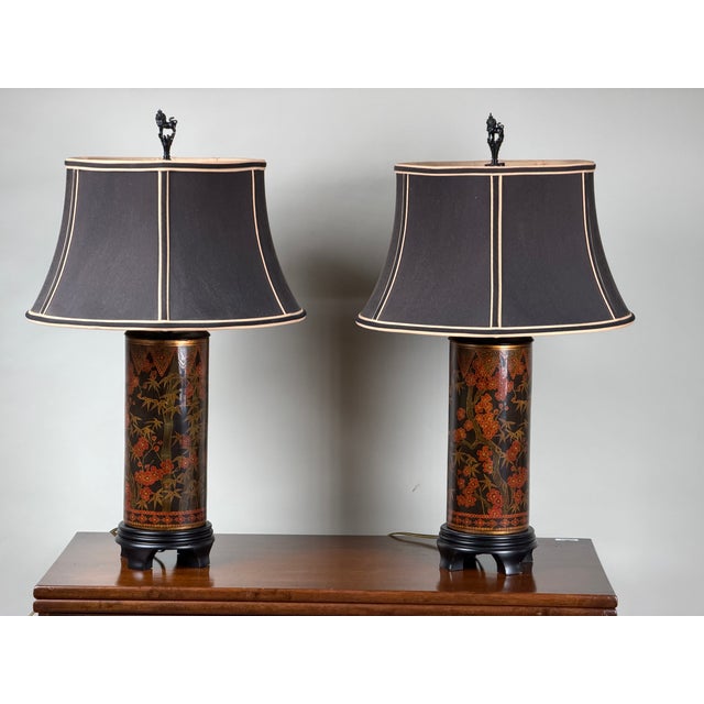 Chinoiserie Frederick Cooper Chinoiserie Lacquer Table Lamps With Foo Dog Finials - a Pair For Sale - Image 3 of 12