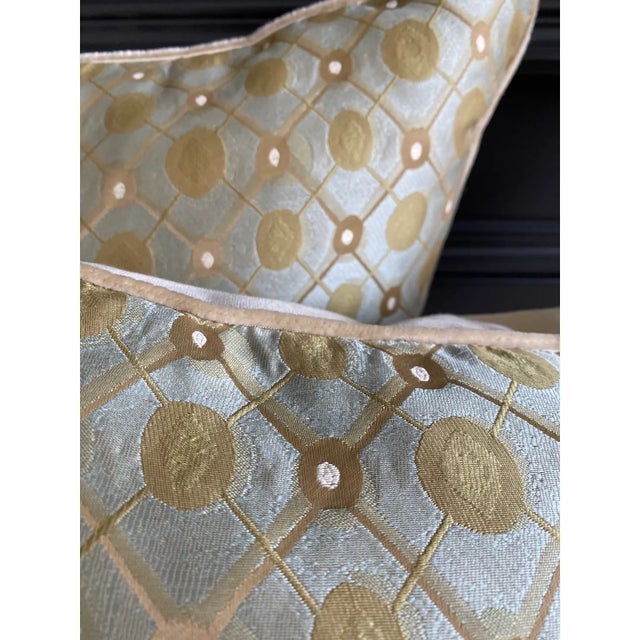 Designer Mid-Century Style Pillows in Olive Green on Ice Blue - A Pair For Sale - Image 4 of 10