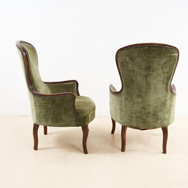 Set of Antique Walnut Armchairs with Green Velvet Seat For Sale - Image 5 of 9