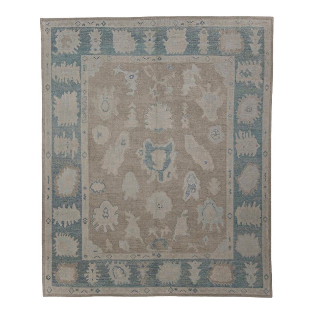 Turkish Oushak Rug Taupe, Blue & Ivory Handwoven Wool Rug 8' X 9'8" For Sale
