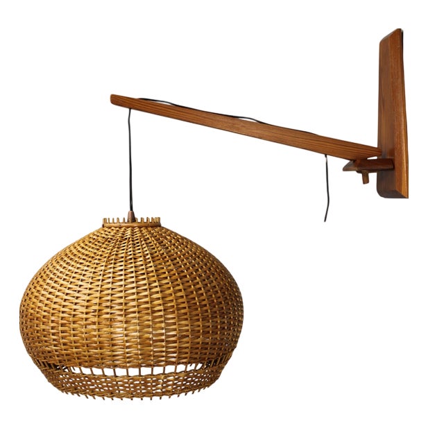 Mid-Century Adjustable Wooden Wall Lamp with Rattan Shade, 1970s For Sale