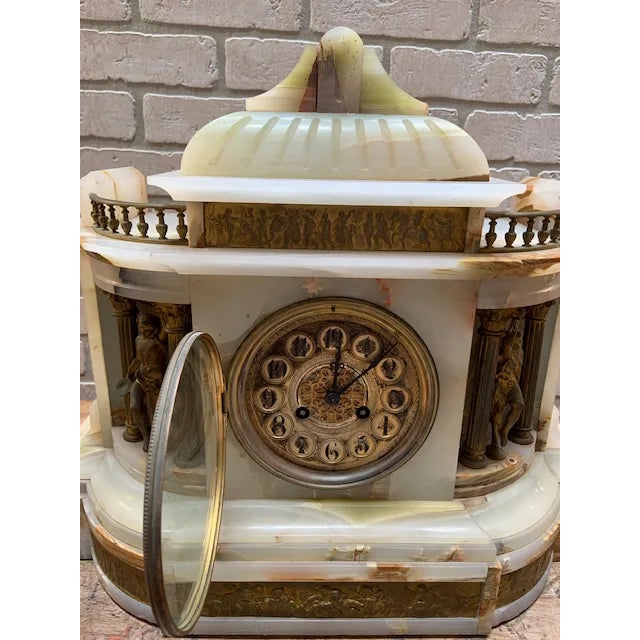 Antique French Louis XVI Style Onyx & Gilt Bronze Garniture Clock Set With Vincenti Médaille D’Argent Movement For Sale - Image 4 of 12