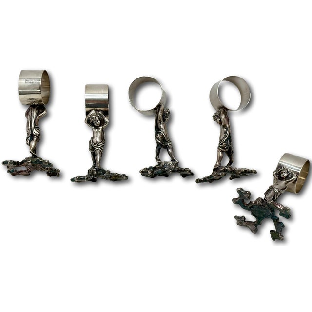 Outstanding Orig. Set of 5 Large Antique Victorian Sheffield England Silverplate Figurative Putti Napkin Rings Circa 1900 For Sale - Image 16 of 18