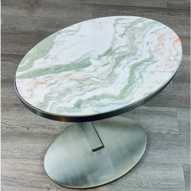Original Retail $867, stylish Caracole Modern Marble Top High Tide Side Table, polished nickel base, unique green, white,...