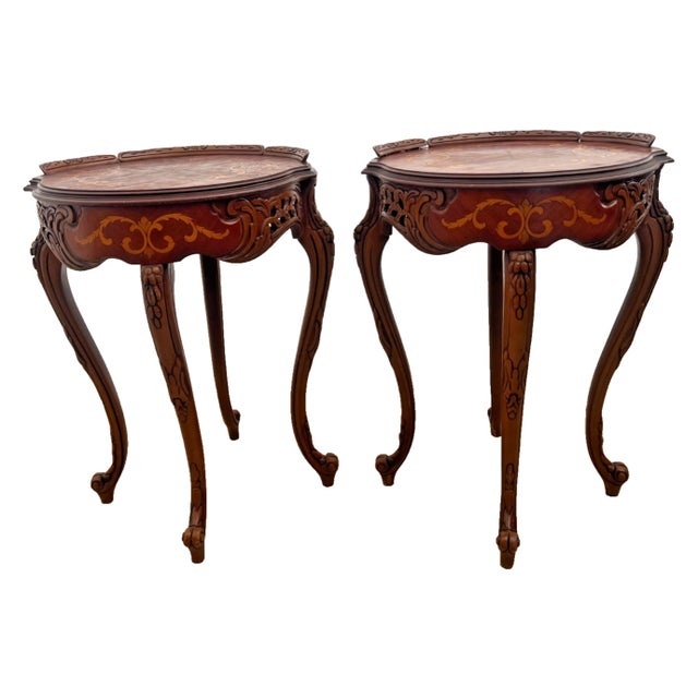Gorgeous Set of two French Side Tables, Display Tables, Nightstands, Round Top with Floral Marquetry and Cabriole Legs,...
