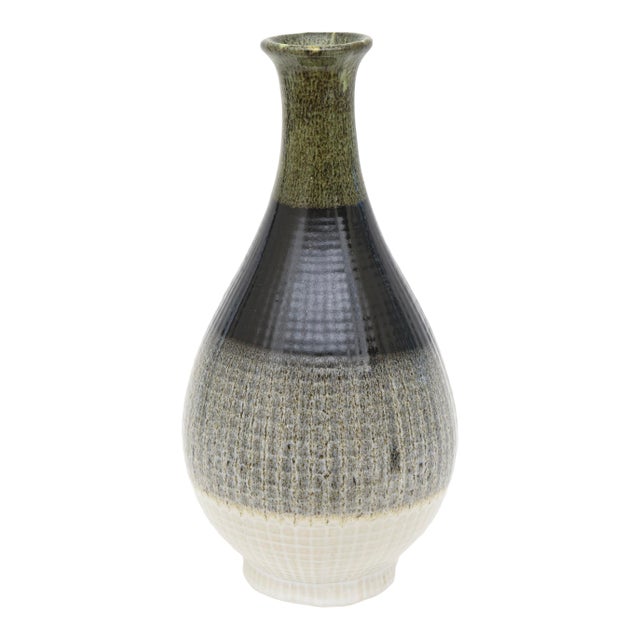 Italian Ceramic Tall Vase or Vessel Bottle Green, Black, Gray, Off White, Fantoni Syle, 90's For Sale