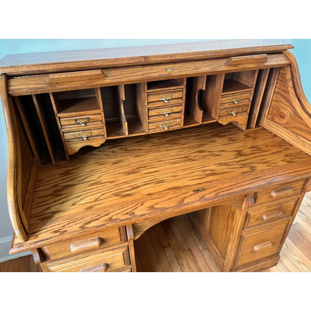 Brown Mid 20th Century Arts & Crafts Raised Panel Oak S Roll Top Desk on Casters For Sale - Image 8 of 12