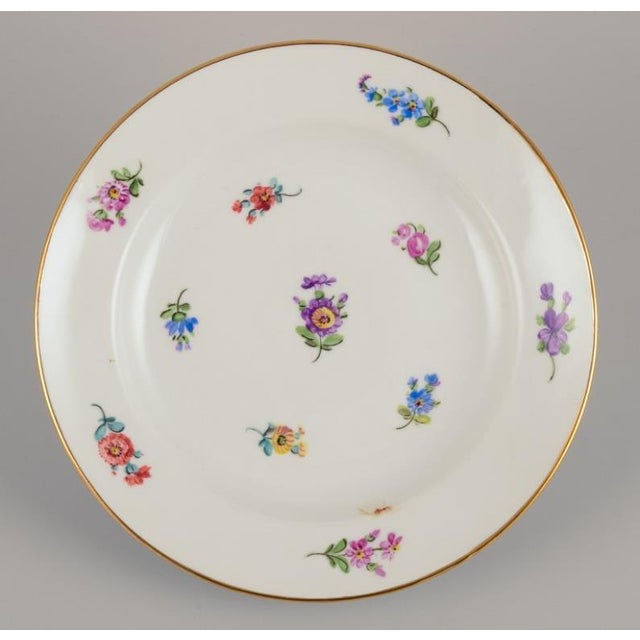 Meissen, Germany, six plates. Hand-painted with polychrome flower motifs, gold rim. Ca. 1920. Marked. First factory...