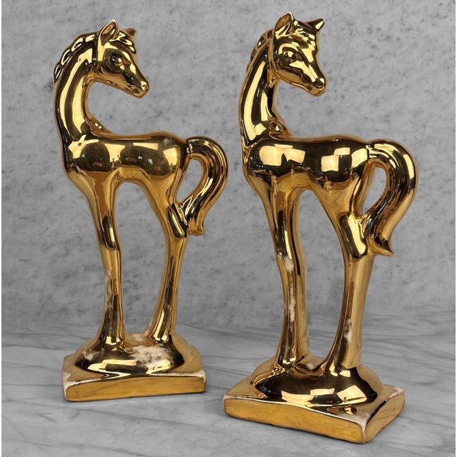 Mid-Century Modern Mid-Century 12" Equestrian Gold Horse Mantle Sculpture - A Pair For Sale - Image 3 of 9