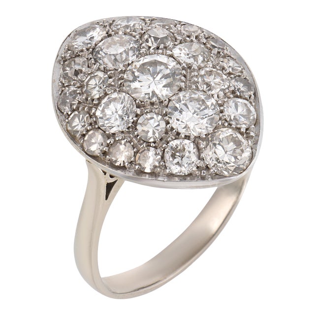 1930s Art Deco 3.50 Carat Diamond 18k White Gold Navette Ring, Size 9.25 For Sale