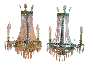 Antique C1910-20 French Art Deco / Empire Style - Cascading Crystal Basket Form Sconces - a Pair