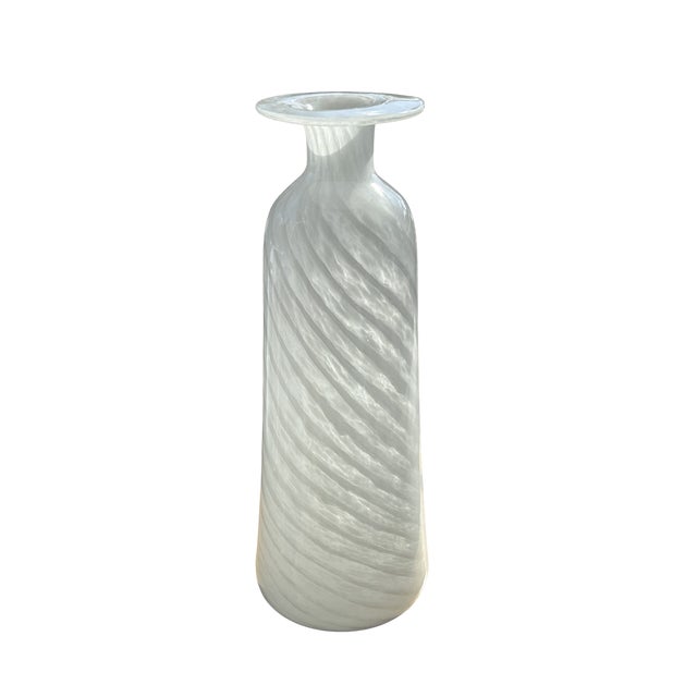 Mid 20th Century Vintage Murano Hand Blown Lattimo Art Glass Vase – White Spiral Swirl Italian Glass, Tall Sculptural Form For Sale - Image 5 of 6