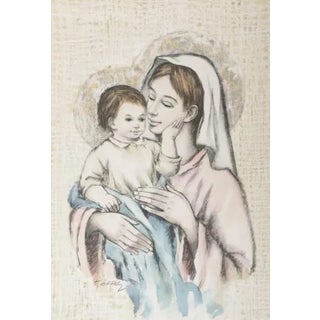 A. Serra, Our Lady with Baby Jesus, Watercolor For Sale