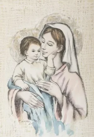 A. Serra, Our Lady with Baby Jesus, Watercolor