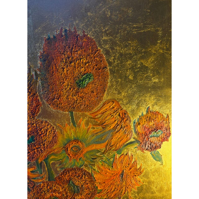 Impressionist Contemporary Fine Art Sunflowers Hand Painted in Oils With Gold Leaf on Canvas For Sale - Image 3 of 18