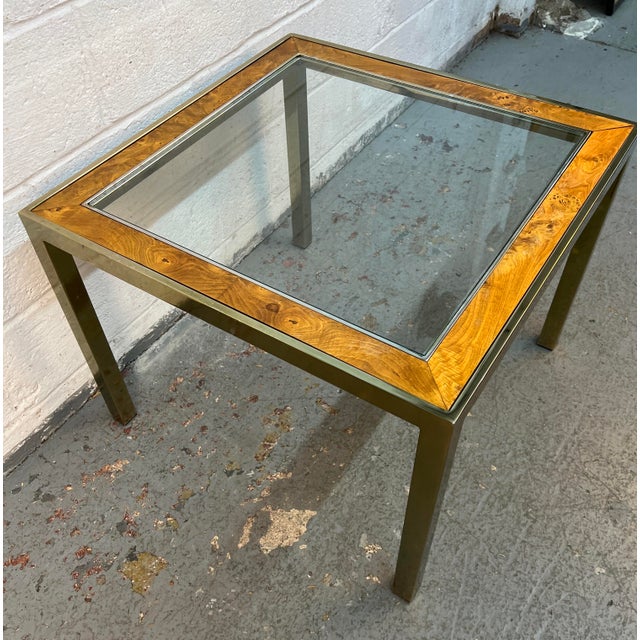 Mid 20th Century Brass & Burl Accented Glass Side Table For Sale - Image 9 of 13