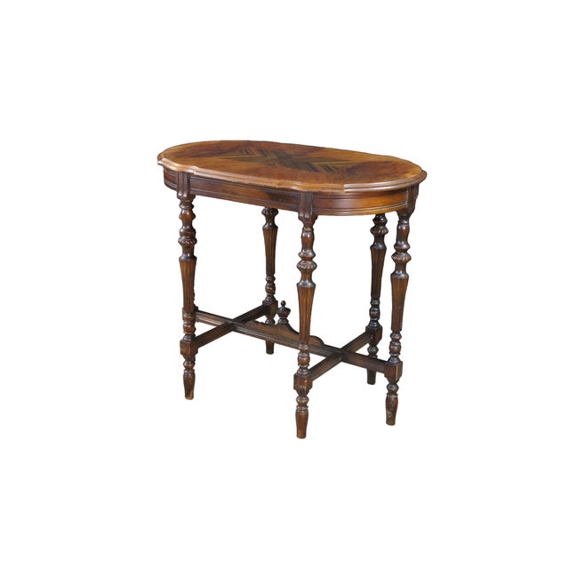 Mid-Century Modern Mid Century Mersman Victorian Revival Walnut Burl Oval Inlaid Accent Table 30" For Sale - Image 3 of 18