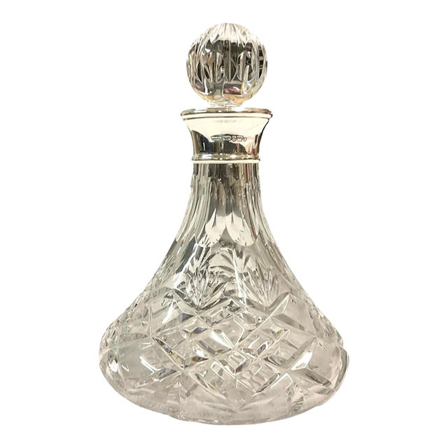 Early 20th Century Petite Cut Crystal Bell-Bottom Decanter With Sterling Silver Collar For Sale