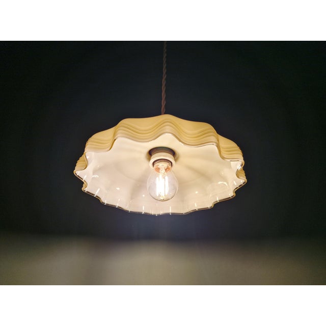 Copper Art Deco Pendant Light in Scalloped Yellow Opaline Glass with Uranium Glass, 1920 For Sale - Image 8 of 10